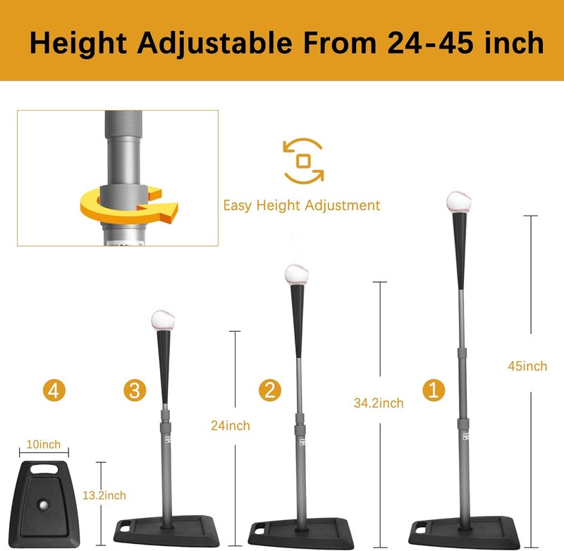 MHSLPD Baseball Tees for Hitting Adjustable Height Batting Tee 24" to 45" Easy Assemble Softball Tee with Rubber Top Heavy Duty Metal Base Hitting Tee for Kids/Youths/Adults - Image 3